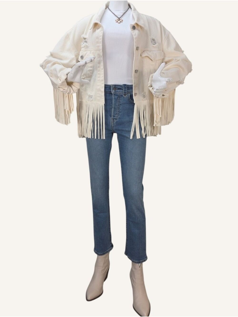 Pink Lily Ivory Fringe Distressed Denim Jacket XL Western Boho Rodeo NWOT